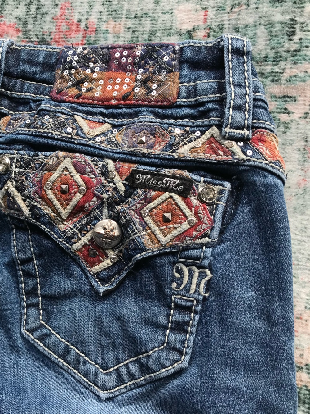 Miss Me Blue Bootcut Jeans with Multicolor Embroidered Trim